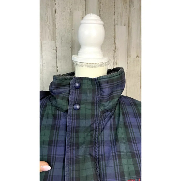 Chaps Ralph Lauren Men's Green Plaid Down Puffer Jacket Large Hooded Winter Coat - Picture 3 of 7